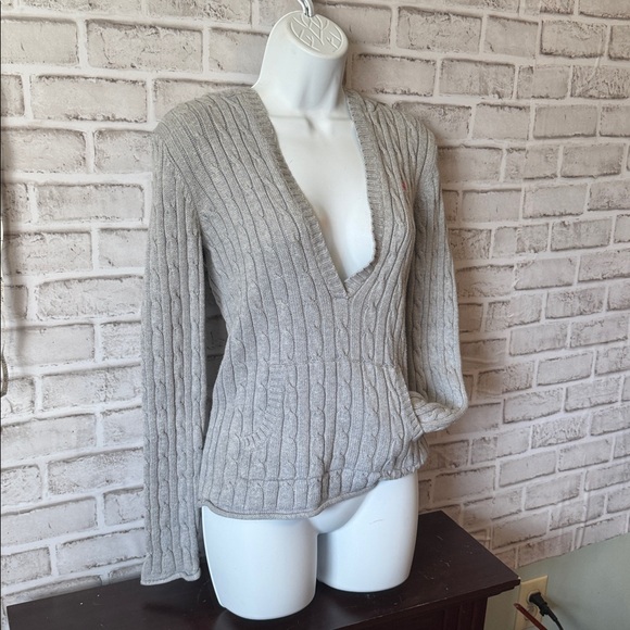Vintage Sweaters - Boutique y2k Gray cotton Hoodie cable knit v neck pullover sweater pocket. Rk1n